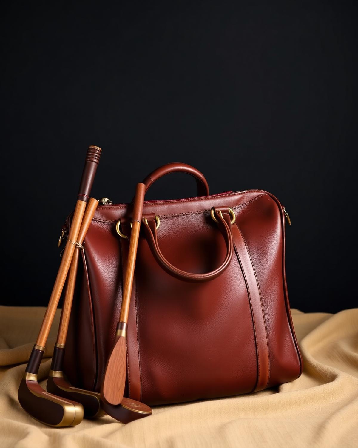 Vintage leather golf bag with classic clubs